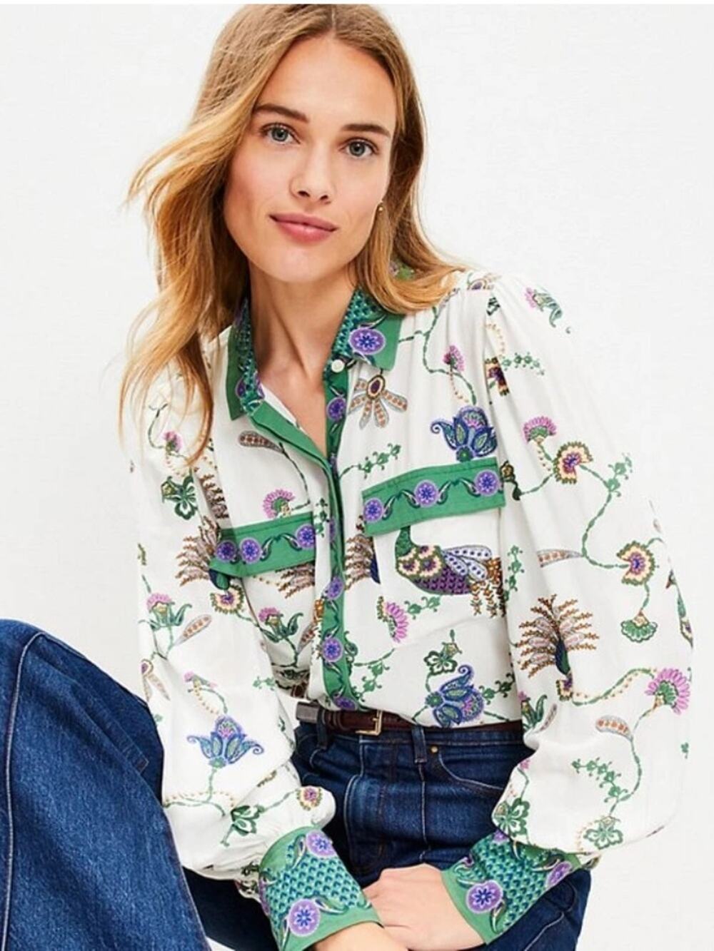 LOFT Cream Button-Down Blouse with Green Trim Multicolor Peacock Print large